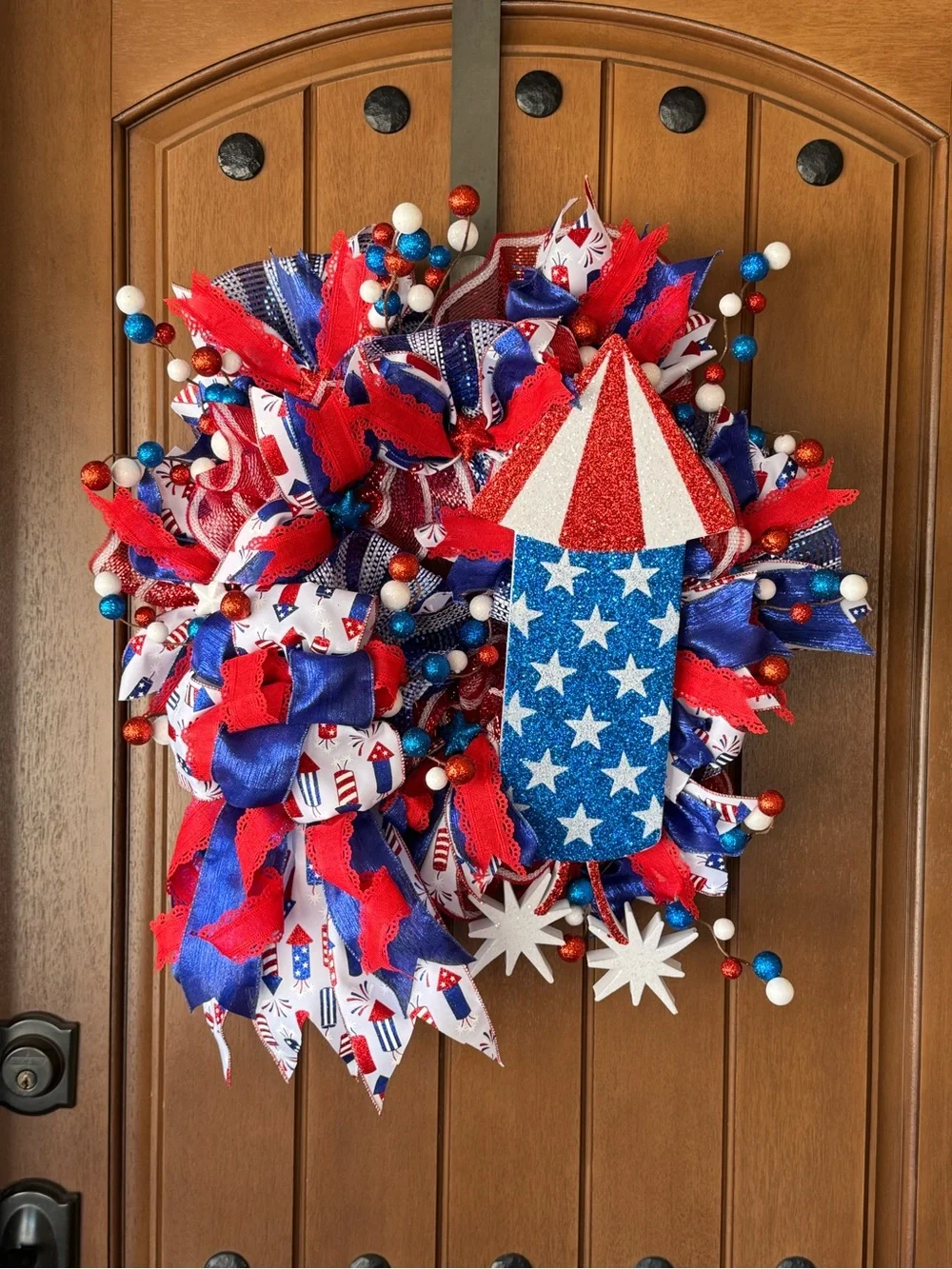 Hand Crafted Red, White & Blue Patriotic Firework Wreath